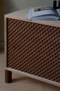 close up of detail of wooden and plywood panel in kobi sideboard construction