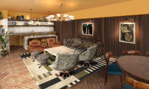 render of Mollies Manchester with wood panelled walls art work and mid century modern furniture