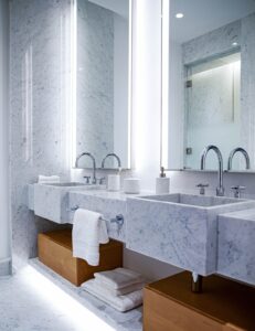 double square marble basins in The Lana with Les Ondes fittings from Sanipex