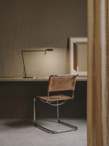 chair and desk with minimalist desk light design