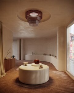 circular table in rounded room with circular chandelier made with recycled plastic