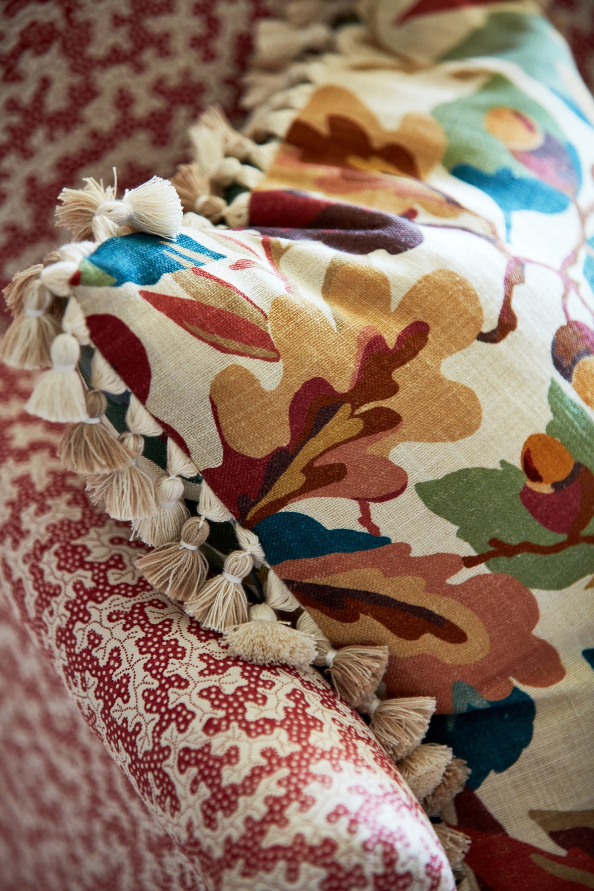 patterned fabric , cushions and decorative trim from Sanderson
