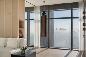 guestroom with punchbag and views over Dubai