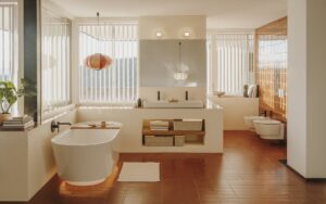 bathroom with wood and white surfaces and Roca Tura
