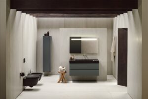 bathroom setting with graphite coloured fittings from Laufen MEDA collection