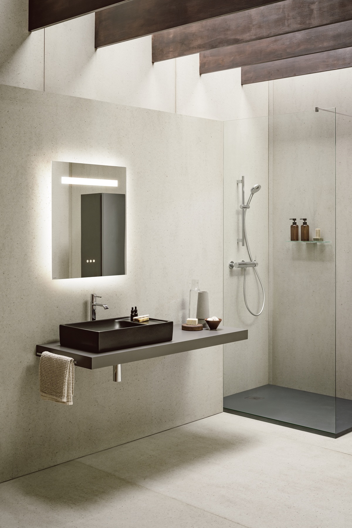 Laufen MEDA square surface mounted basin in minimal stone coloured bathroom