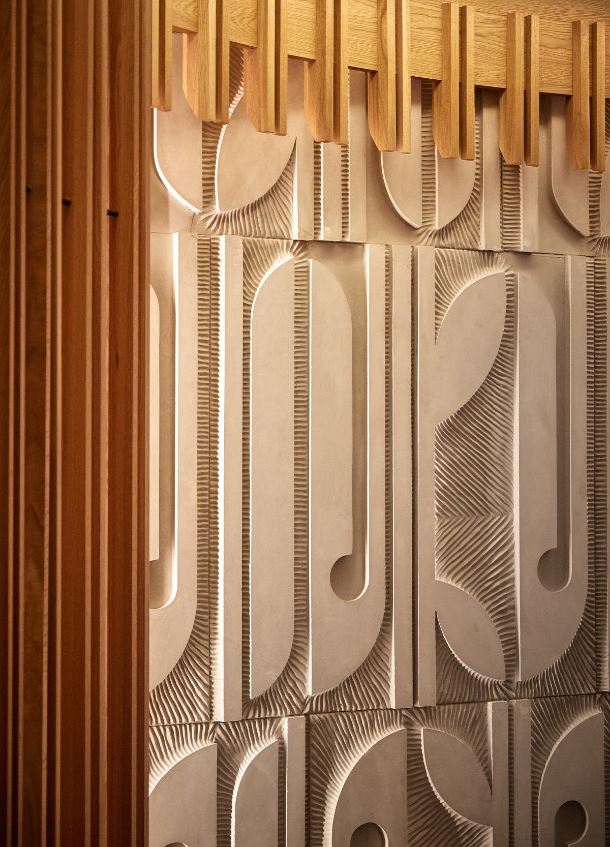 wood screen and wall panel detail in The Jay interior design