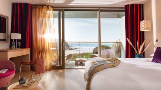 guestroom in Scarlet hotel on cornish coast with views on to beach