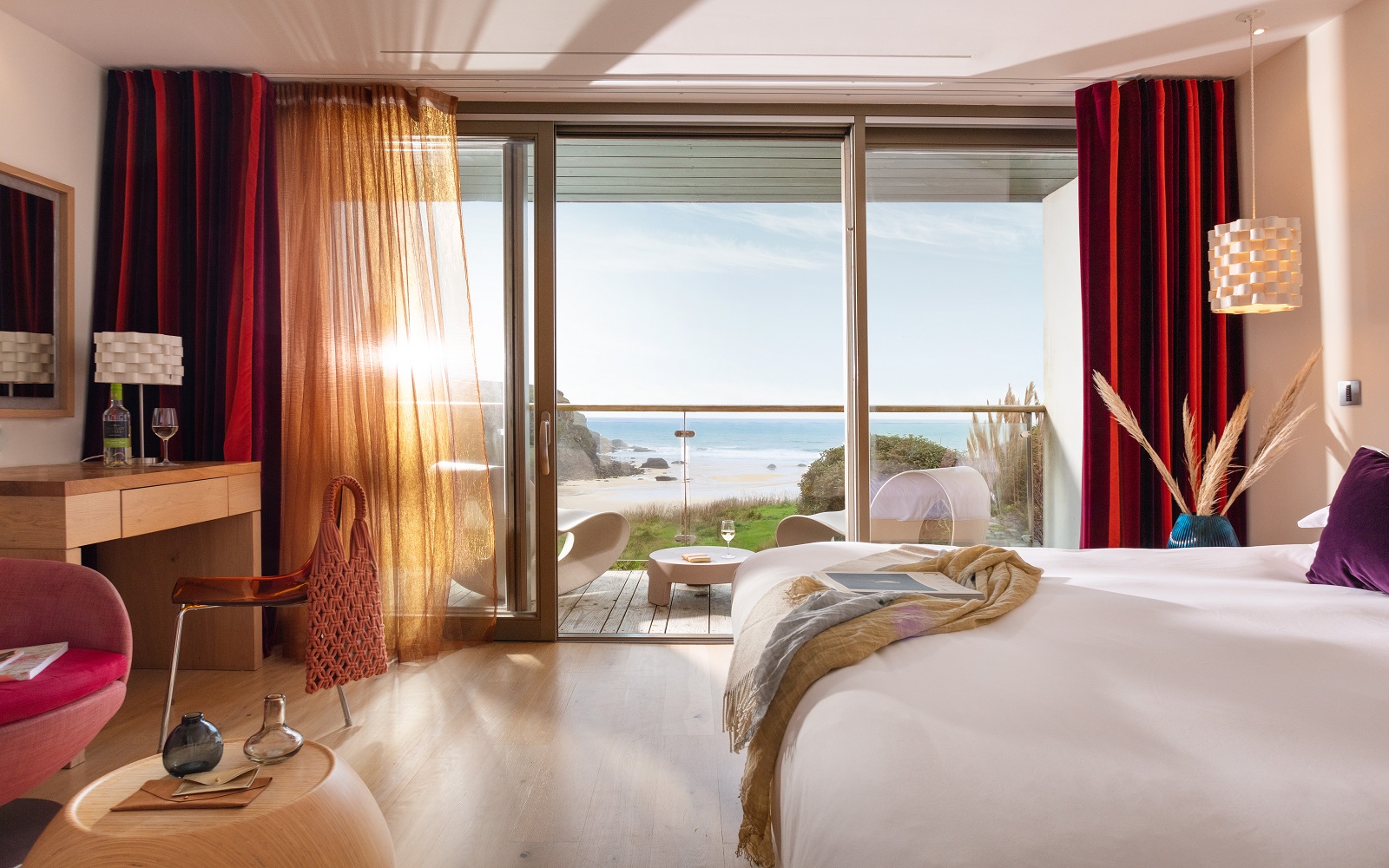 guestroom in Scarlet hotel on cornish coast with views on to beach