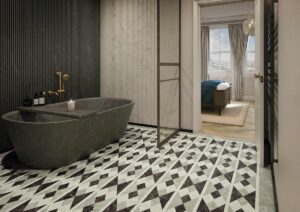 black and white amtico flooring in bathroom from National Trust collection