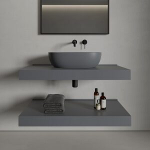 grahite grey nosa basin and floating vanity with black taps and mirror