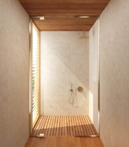 shower enclosure by Majestic London with wooden floor and ceiling and brass fittings