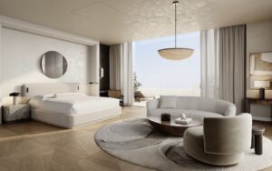 statement white interior guestroom at Delano Dubai