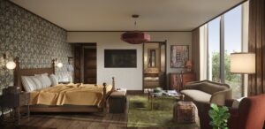 render of FORTH Atlanta boutique hotel guestroom with patterned wallpaper behind the bed and floor to ceiling windows in front