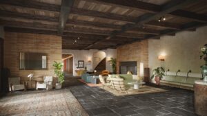 render of FORTH Atlanta lobby with wooden beamed ceiling, and stone floor with loose vintage style rugs