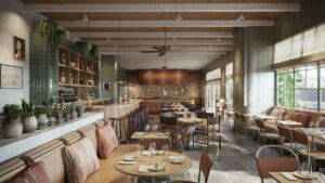 render of pool restaurant with wood and clay surfaces and colours