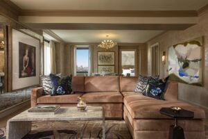 coffee table, large sofas and statement art in the Meadow Terrace Suite New York