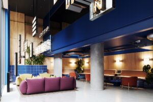 The Social Hub interior lobby render with dark blue wall and soft furniture
