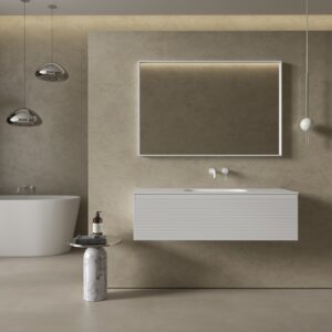 square white wall hung vanity from nosa with mirror above and freestanding bath in corner