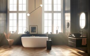 filtered sunlight in period bathroom with freestanding bath from Duravit