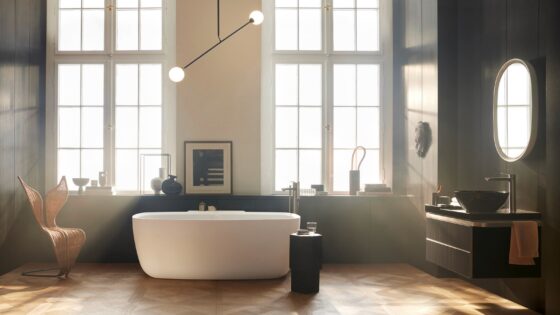 filtered sunlight in period bathroom with freestanding bath from Duravit
