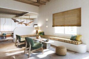 straw hat lampshades, natural blinds and wooden furniture in Numo lounge