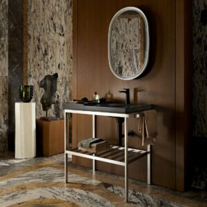 marble shower space and floor with wood and Citterio designed sink and vanity from Duravit