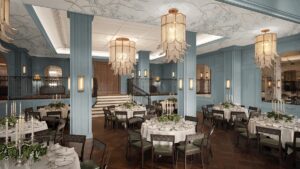 art deco lighting in coffered ceiling and blue columns in events space in the Ned