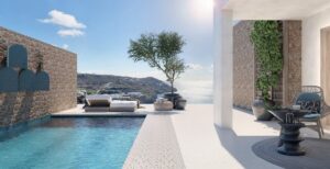 terrace and private pool with seaviews at Amyth hotel Greece