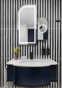 black and white stripe art deco inspired bathroom in Hilton hotel Florence