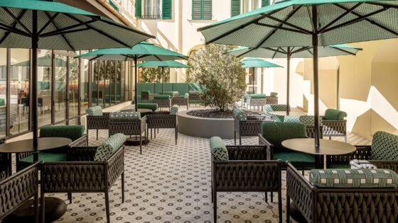 umbrellas in hotel courtyard in Florence