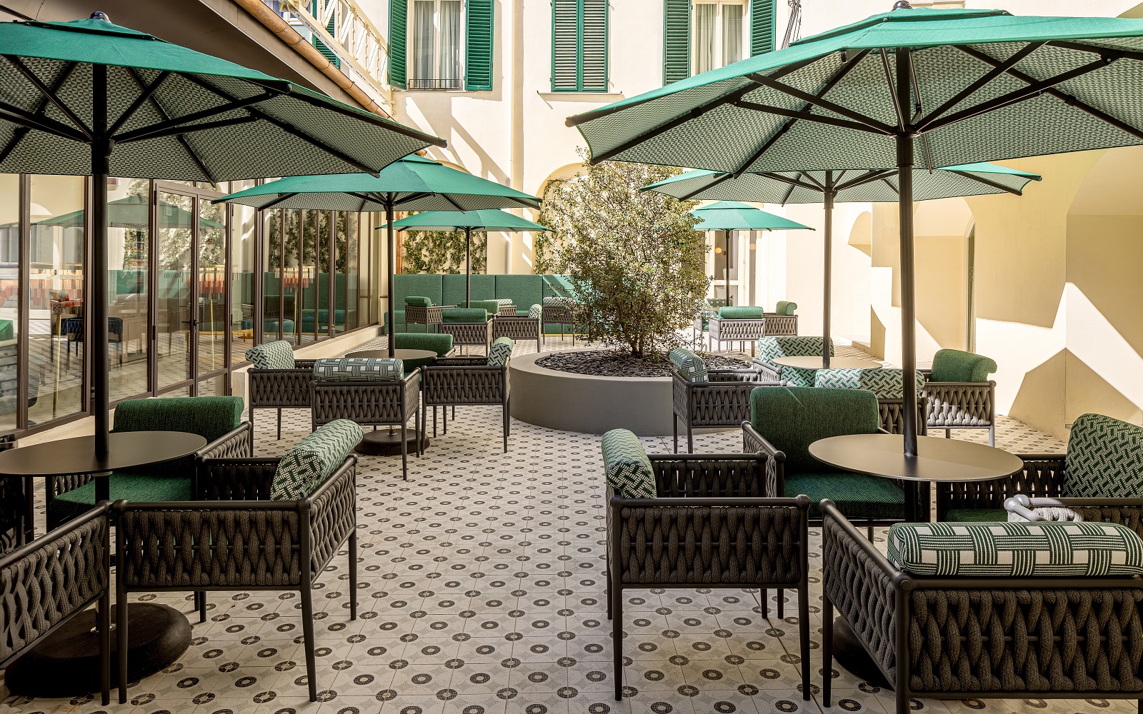 umbrellas in hotel courtyard in Florence