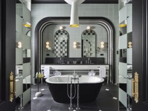 art deco hotel bathroom with black and white tiles from Atlas Concorde