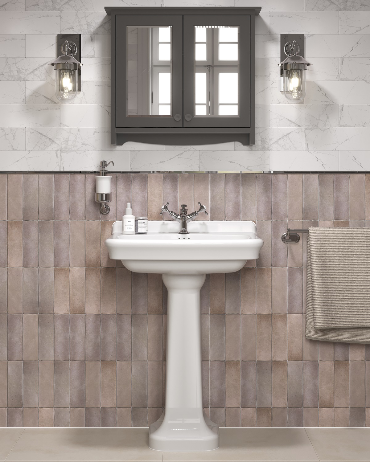 art deco style hand basin against blush pink tiles