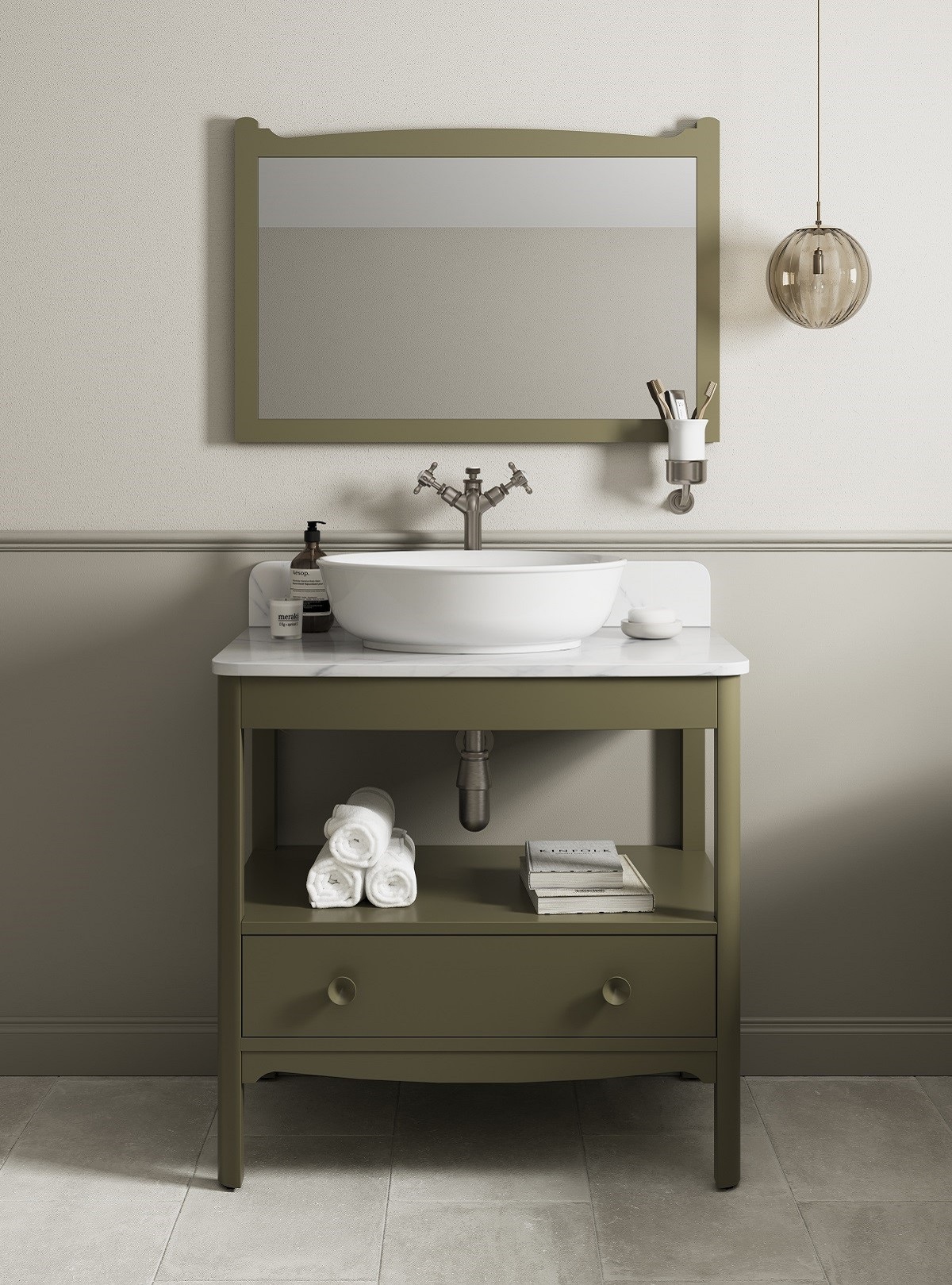 olive green period style bathroom furniture with basin and mirror