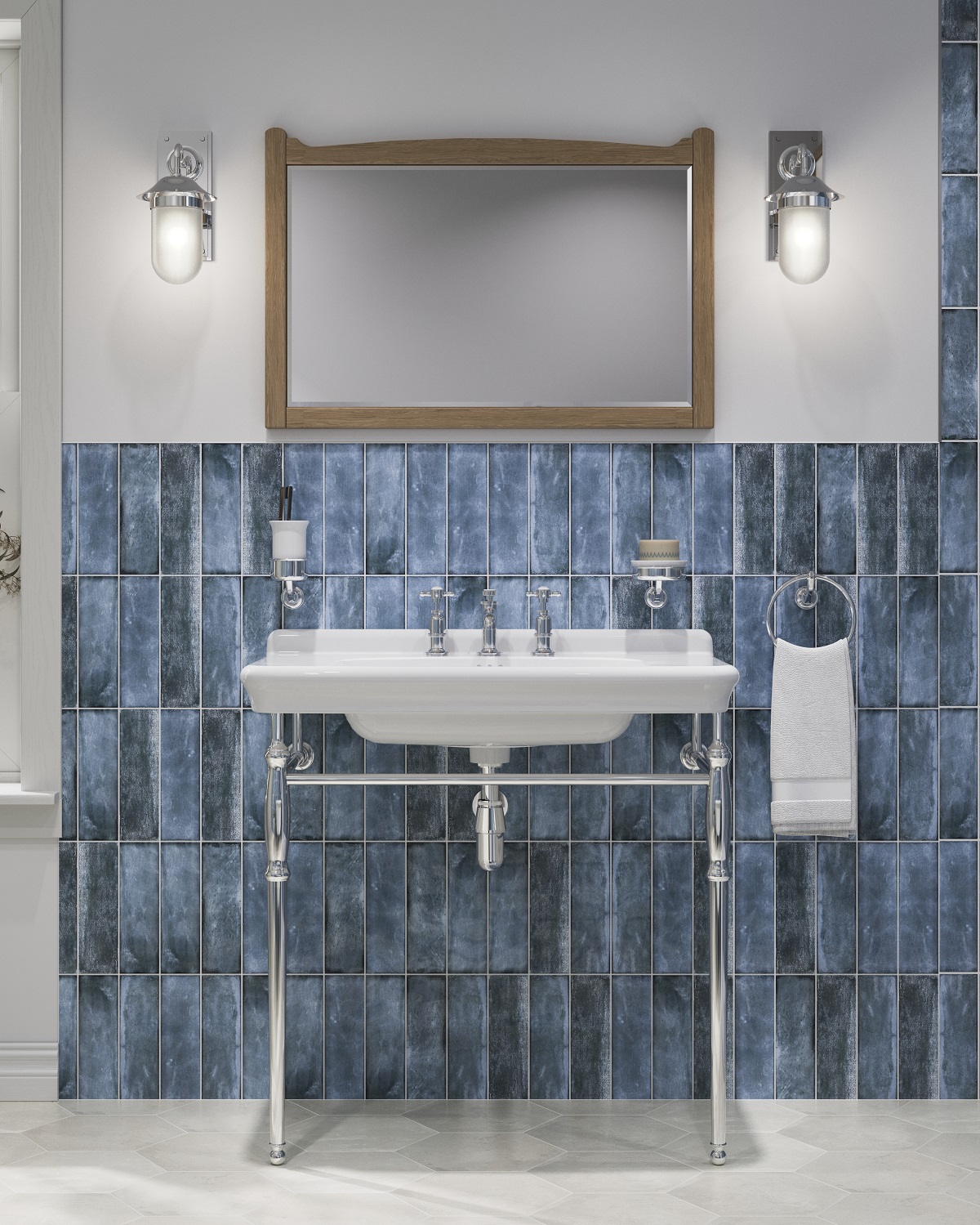 chrome art deco style bathroom fittings from Burlington against blue tiles
