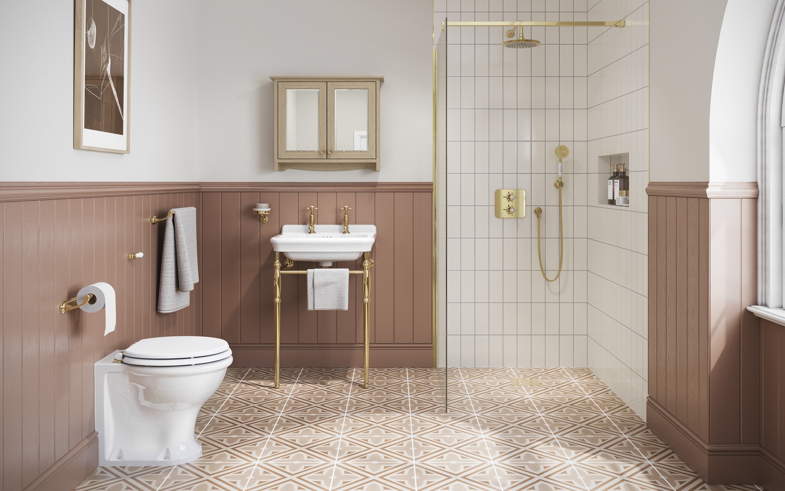 bathroom with patterned floor and panelled wall as backdrop for Burlington Guild fittings