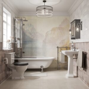 bathroom with mural behind period style bath