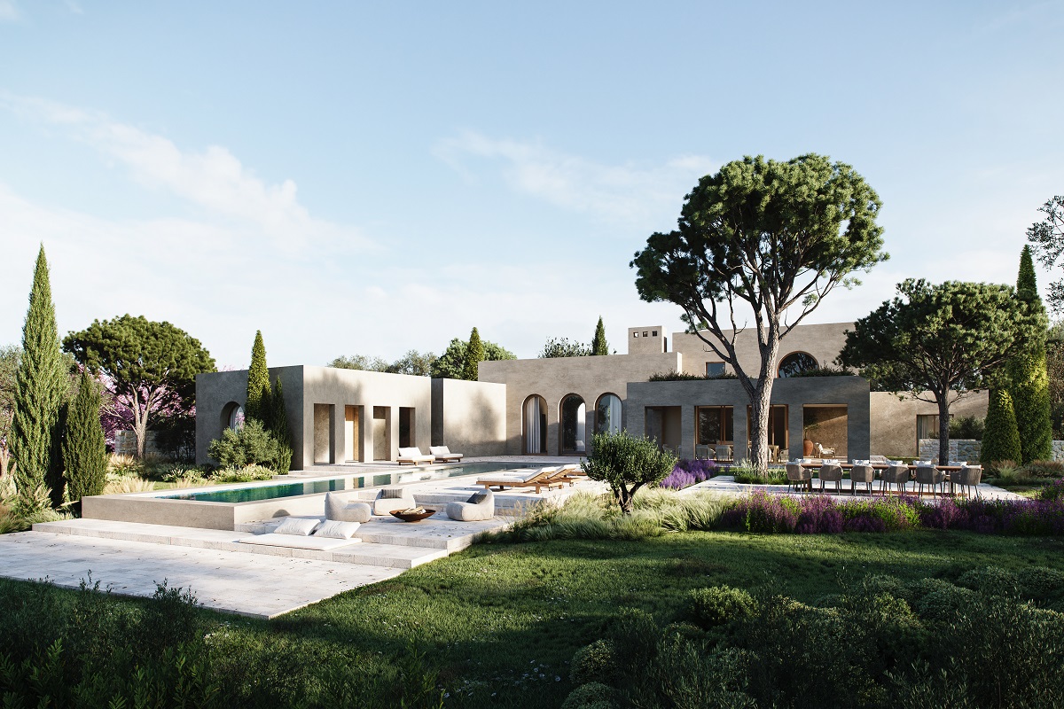 The exterior of La Maviglia Villa, a series of single storey buildings and outdoor swimming pool surrounded by verdant landscape