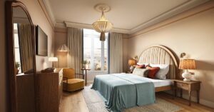 period details and soft colours in guestroom of Miiro Paris hotel