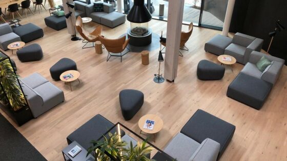 birds eye view of hotel lobby with BoConcept seating