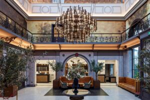 lobby at Oatlands Park hotel with statement chandelier by Northern Lights