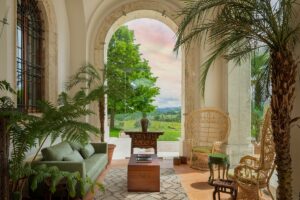 terrace with palm trees and wicker and a view over tuscany