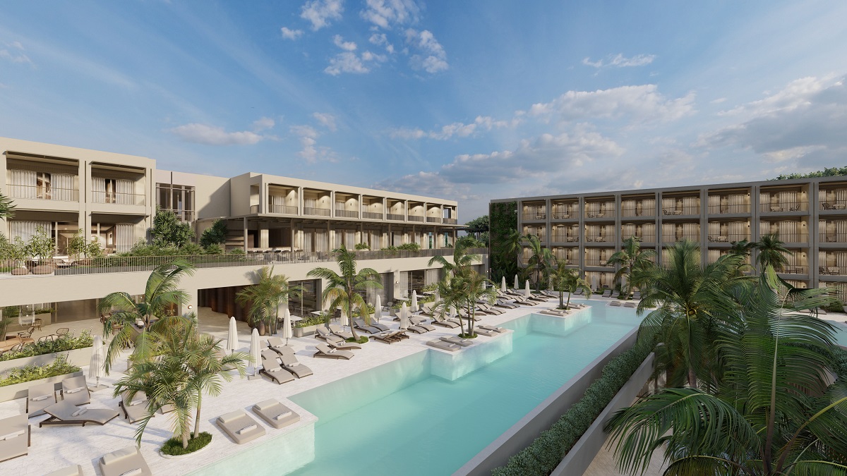 render of swimming pool at Hyde Bodrum with hotel building behind