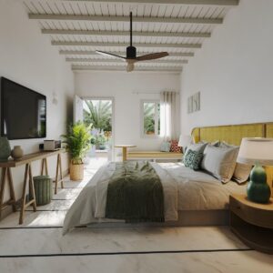 striped floor and wooden ceiling in hotel bedroom with view onto garden