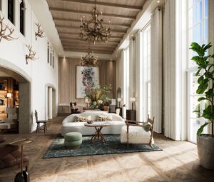 high ceilings and hunting lodge style in Rosewood Schloss Fuschl_reception and lobby