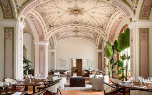 restored vaulted room in villa transformed into hotel restaurant
