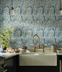 kitchen sink and counter still life with period wallpaper