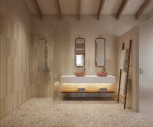 stone floor and plaster walls in Son Sabater bathroom