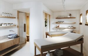 natural wood and white surfaces in the spa at Numo Mykonos